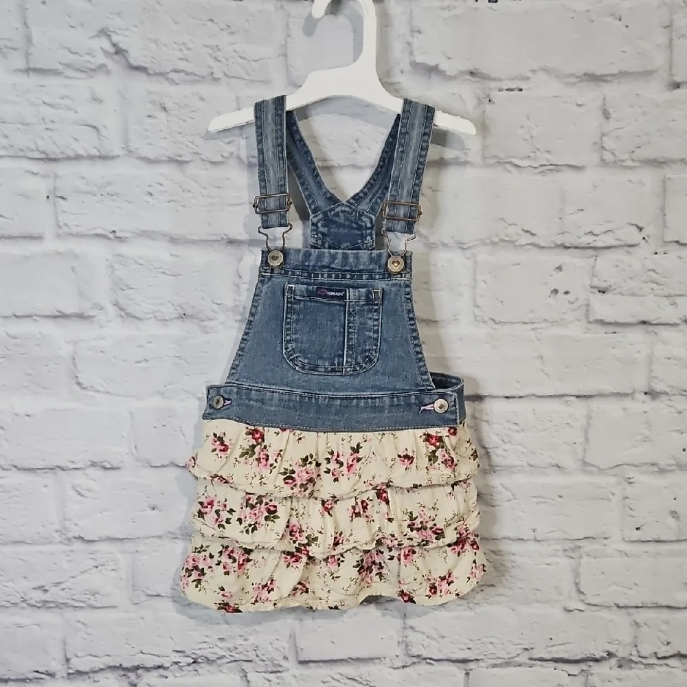 Blue and Cream Floral Dress Overalls with Ruffles